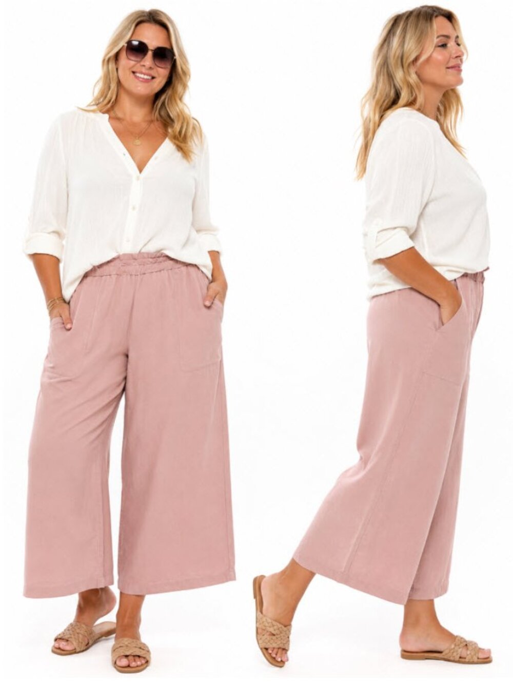 Jane & Delancey Wide Leg Crop Pants XL Dusty Rose Elastic Waist Lyocell